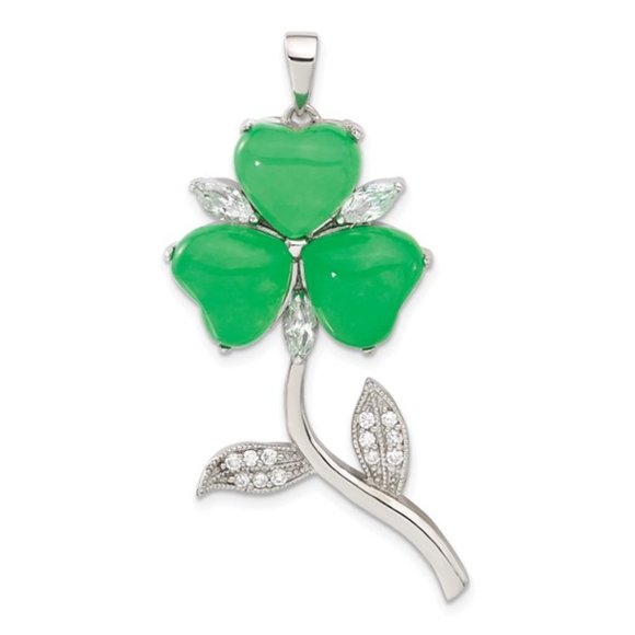 925 Sterling Silver Green Jade Clover 3-Leaf CZ Irish Shamrock Charm Pendant - Picture 4 of 11